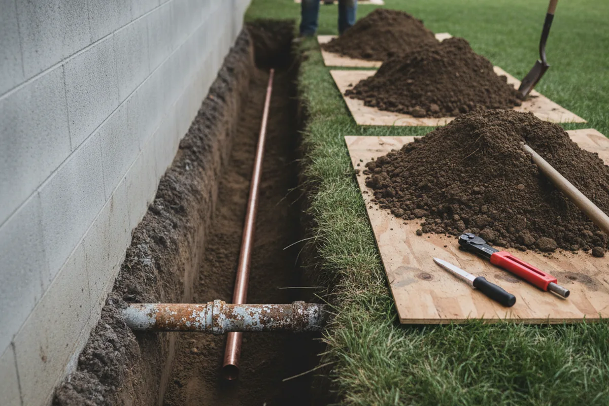 Excavated water line trench during Sewer Line Repair in Oak Brook